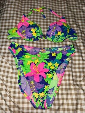 VENUS Vintage Neon Floral Swim High Waisted Bikini in Pink, Green & Purple